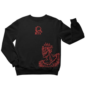 Felpa nera ricamata con Ryuk e scritta Kira, ispirata anime Death Note, stile giapponese.