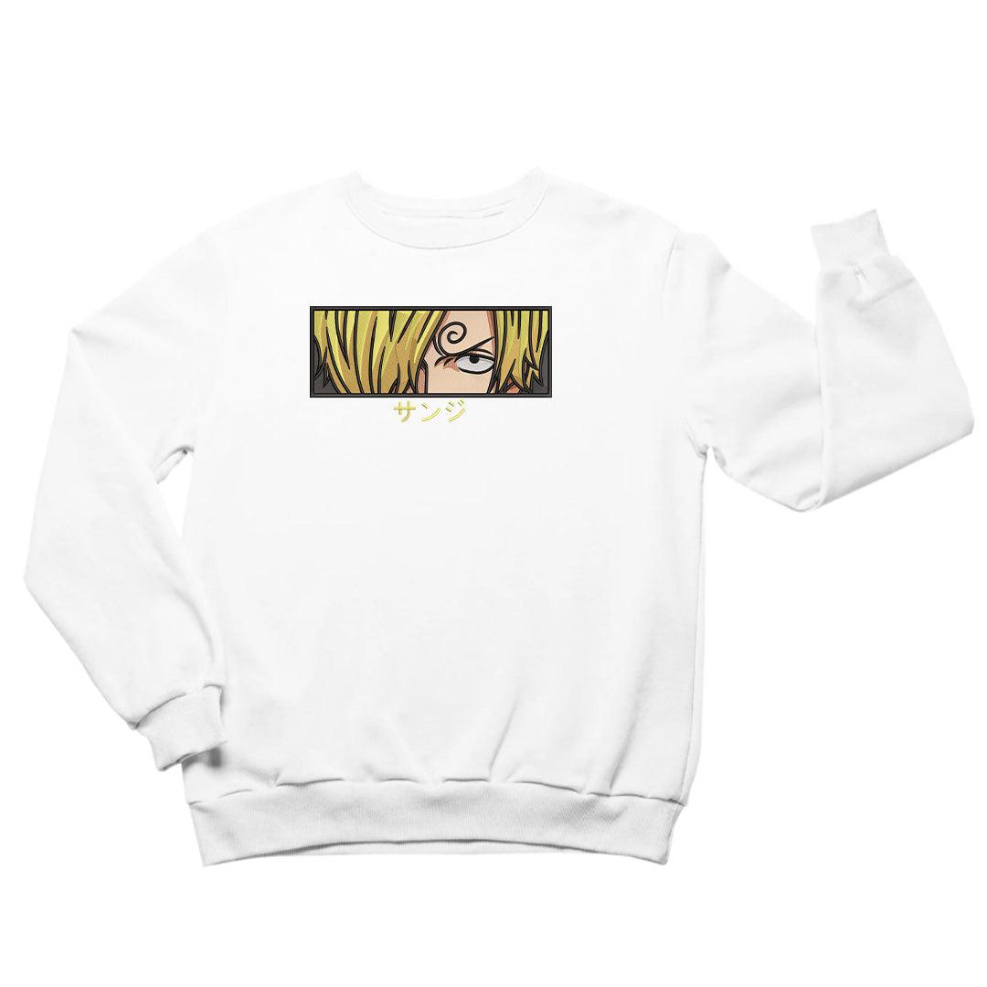 Felpa bianca con ricamo di Sanji One Piece, primo piano occhi e capelli biondi, scritta giapponese.