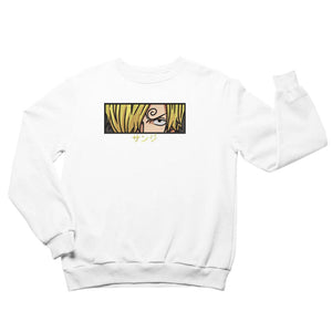 Felpa bianca con ricamo di Sanji One Piece, primo piano occhi e capelli biondi, scritta giapponese.