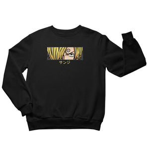 Felpa nera anime ricamata con Sanji di One Piece e testo giapponese sul davanti.