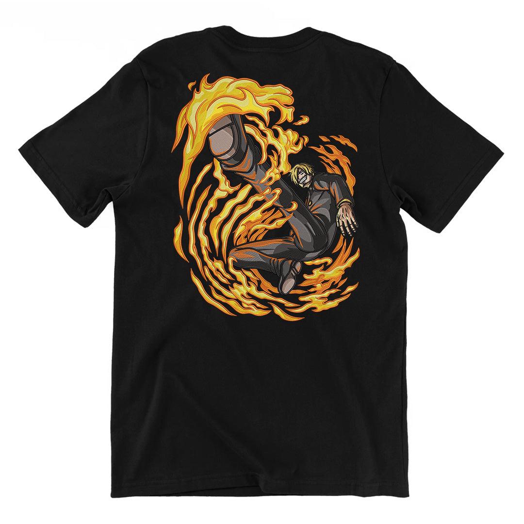 T-shirt nera con ricamo Sanji One Piece, personaggio tra le fiamme, stile anime.