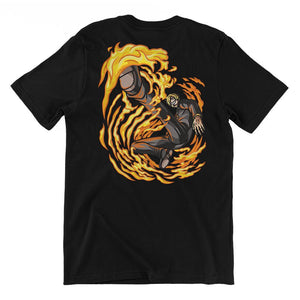 T-shirt nera con ricamo Sanji One Piece, personaggio tra le fiamme, stile anime.