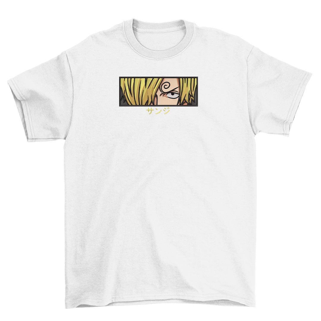 T-shirt bianca anime One Piece con ricamo di Sanji e scritta giapponese sul davanti.