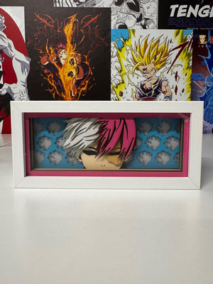 Light box decorativo con personaggio anime Shoto Todoroki, tema My Hero Academia, in cornice bianca.