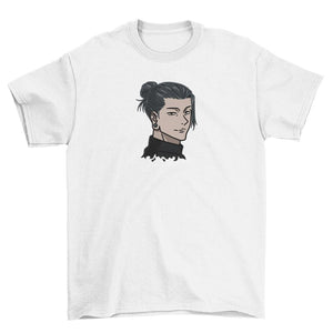 T-shirt bianca con ricamo personaggio anime Suguru Geto di Jujutsu Kaisen.