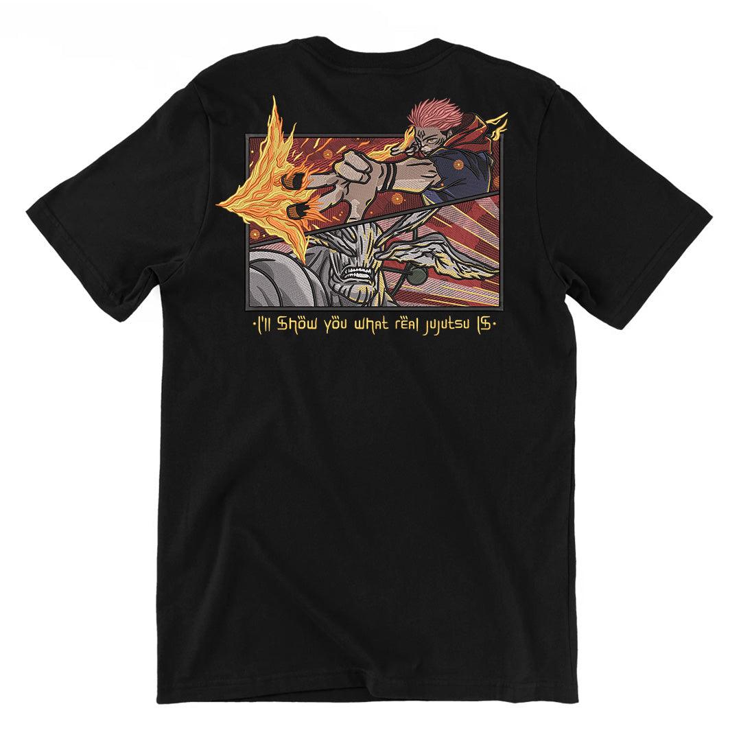T-shirt nera con ricamo Sukuna vs Mahoraga di Jujutsu Kaisen, combattimento anime