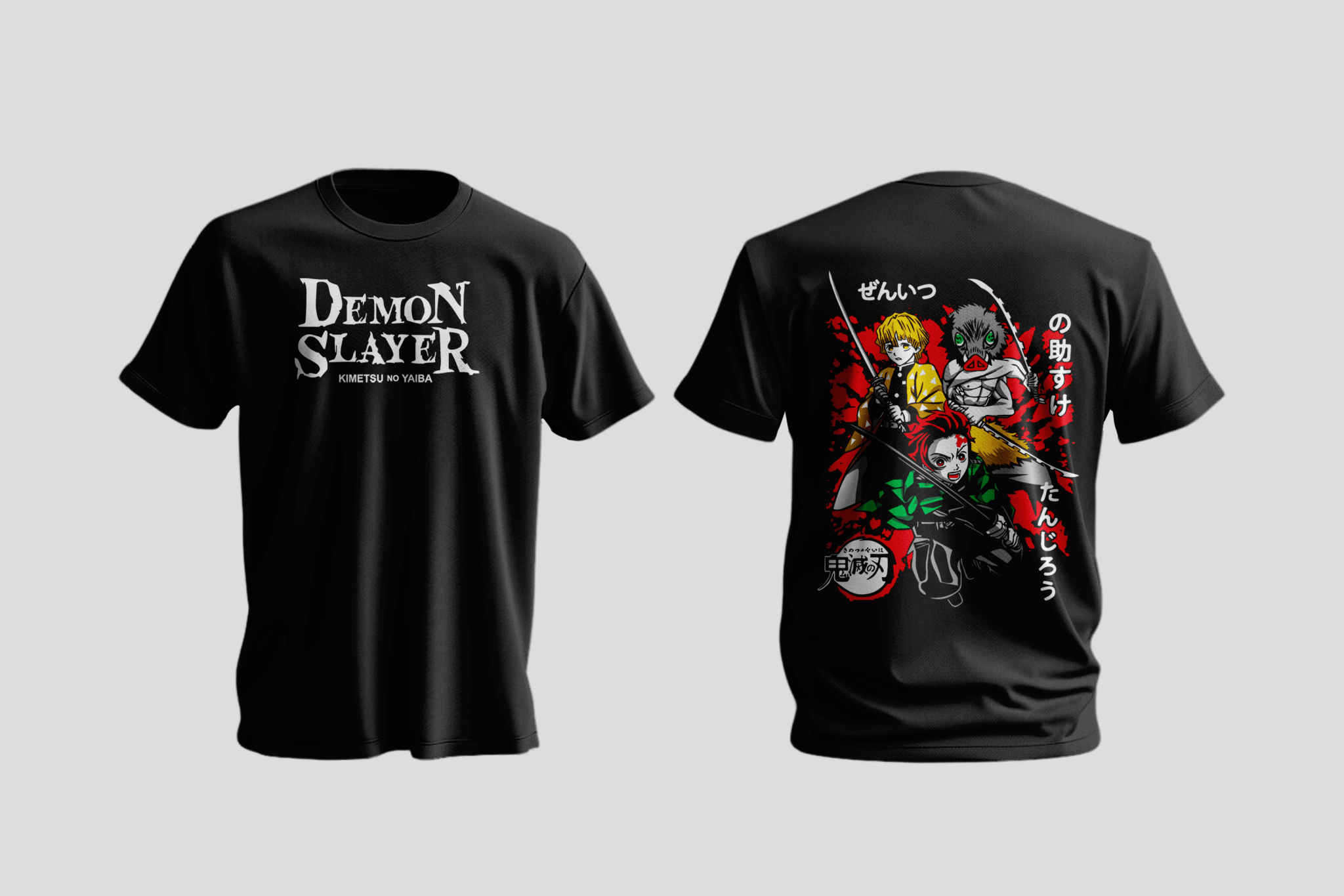 T-shirt nera anime Demon Slayer con logo frontale e personaggi colorati sul retro