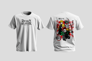 T-shirt bianca anime Demon Slayer con logo frontale e personaggi colorati sul retro