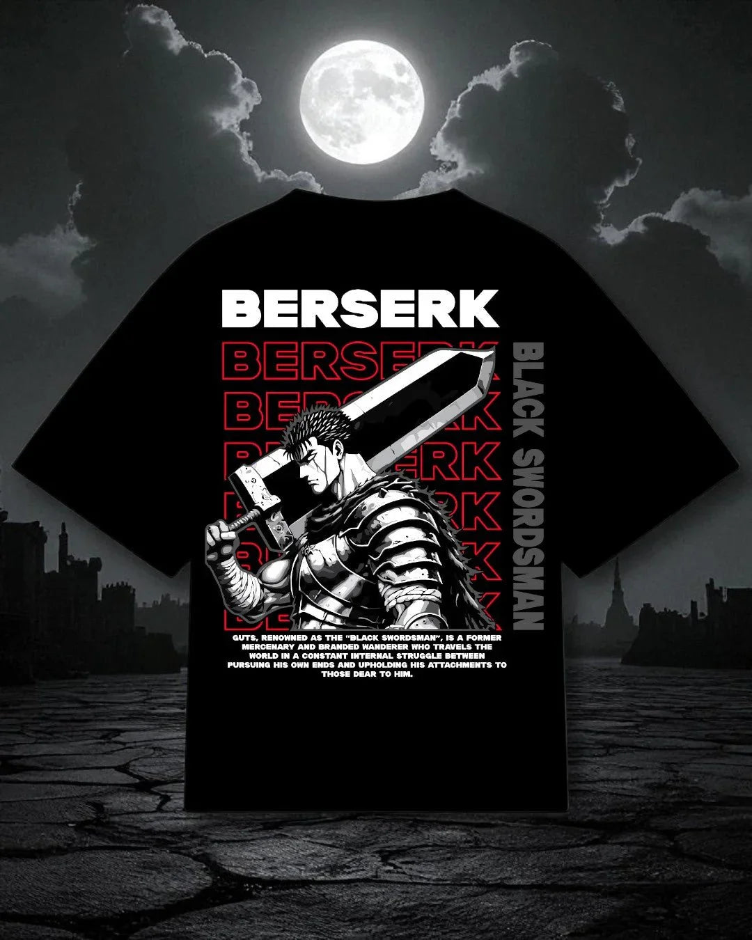 T-shirt oversize nera con stampa anime Berserk, Guts armatura e spada, design Black Swordsman.