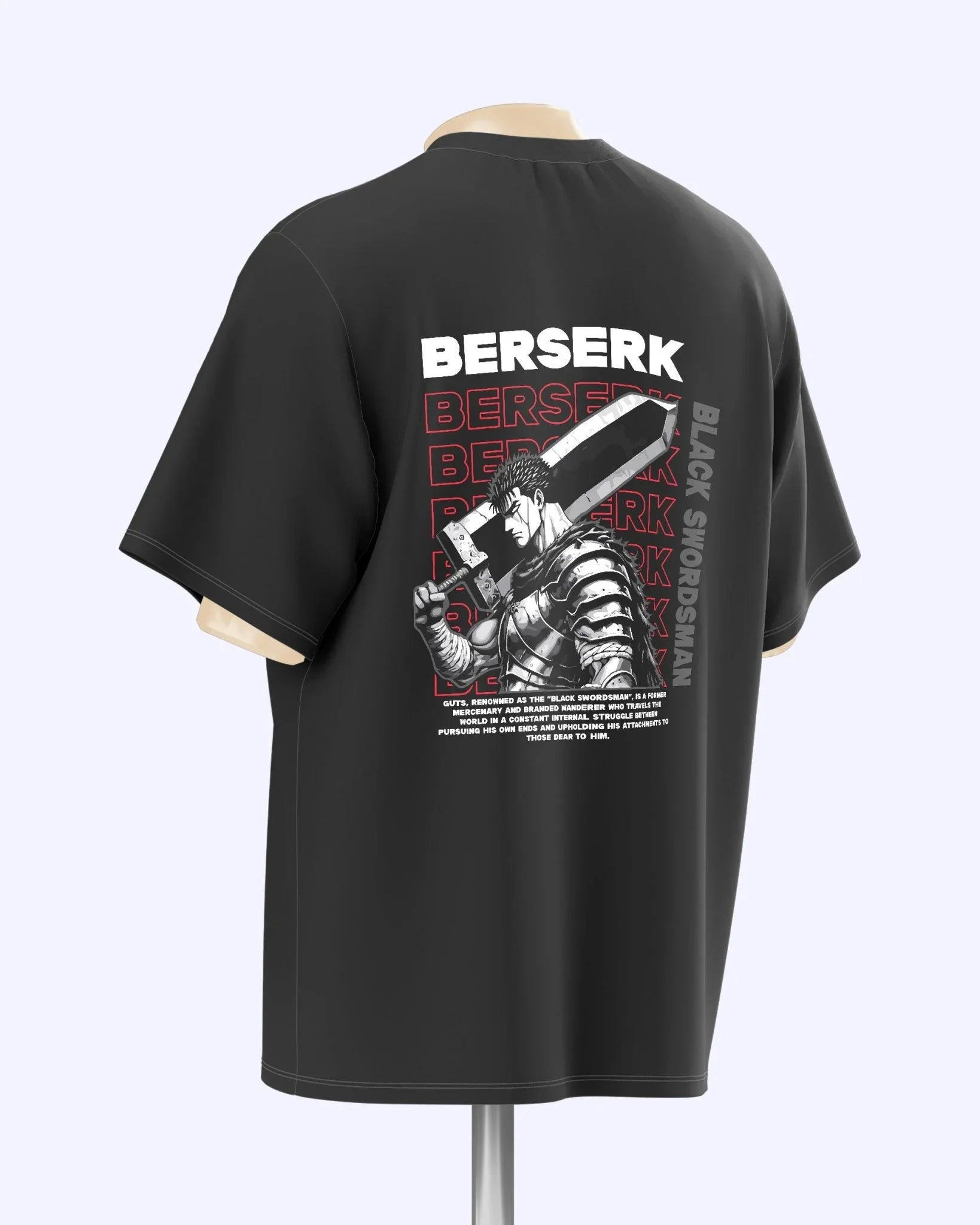 T-shirt oversize nera con stampa anime Berserk e Guts Black Swordsman sul retro.