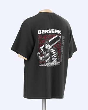 T-shirt oversize nera con stampa anime Berserk e Guts Black Swordsman sul retro.