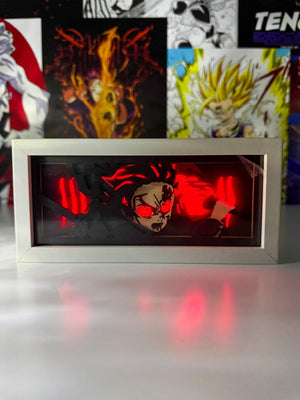 Box led luminoso anime con personaggio ispirato a Demon Slayer, sfondo poster anime.