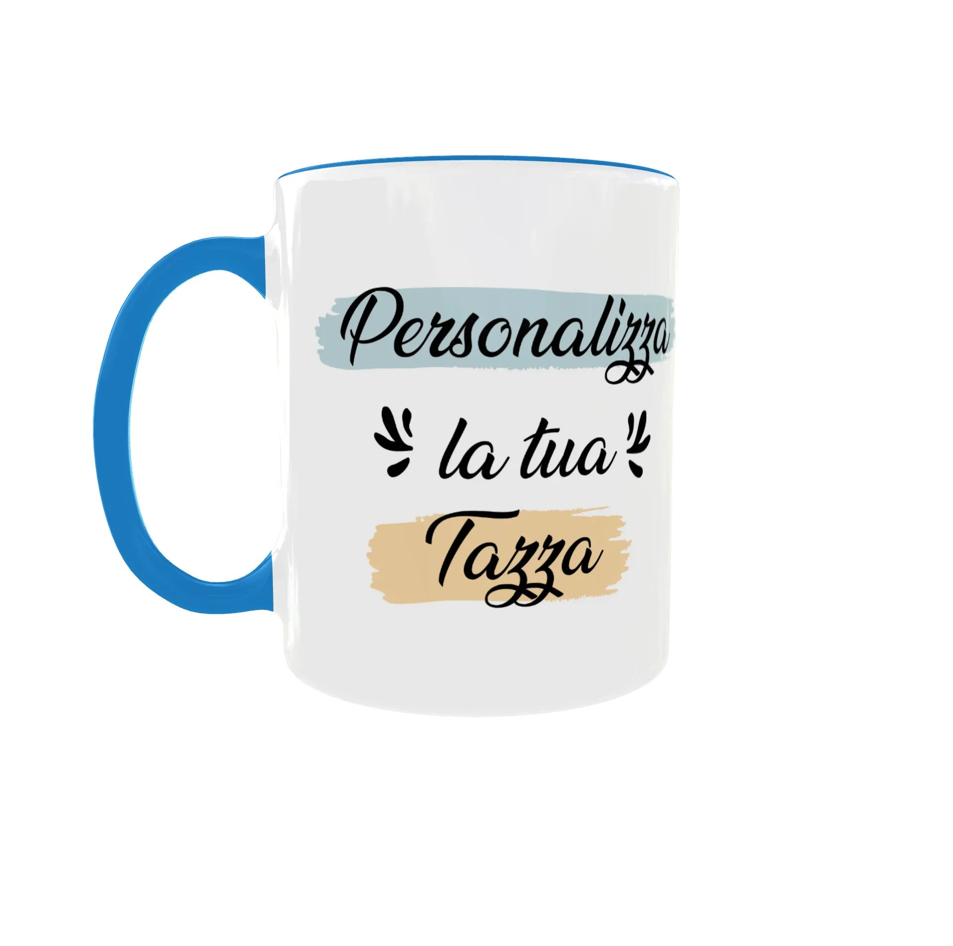 Tazza personalizzata con manico blu e scritta Personalizza la tua tazza, idea regalo originale