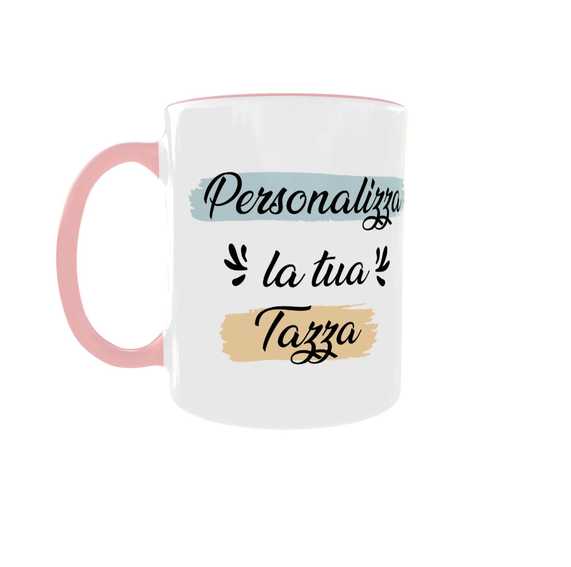 Tazza bianca con manico rosa e scritta personalizzabile, idea regalo originale