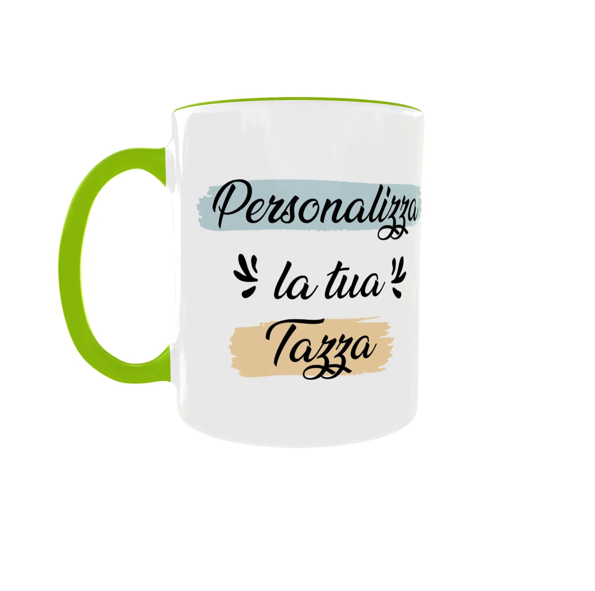 Tazza personalizzata bianca con manico verde e scritta 'Personalizza la tua tazza'