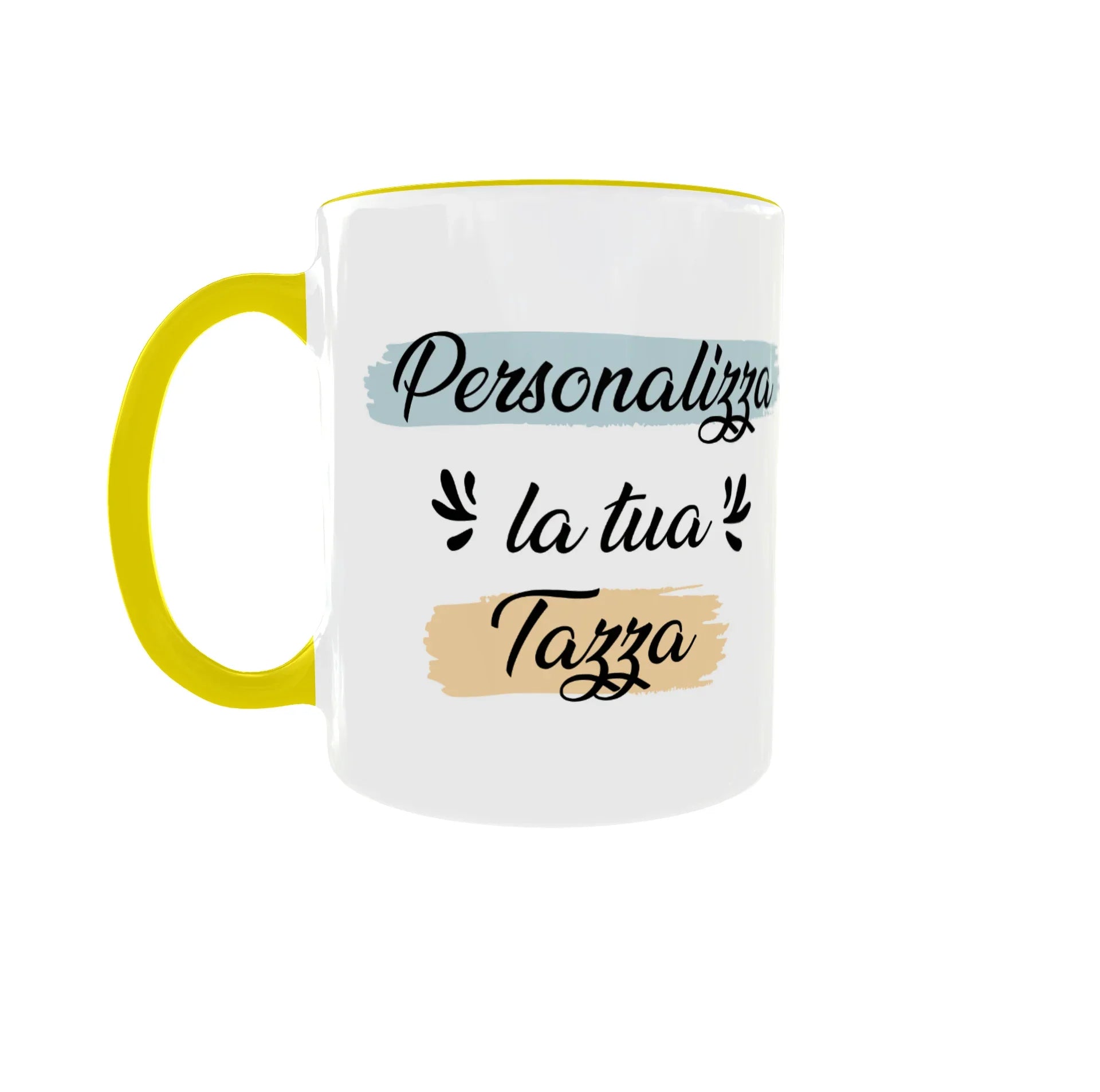 Tazza personalizzata con manico giallo e scritta 'Personalizza la tua tazza', sfondo bianco.