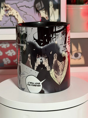 Tazza anime nera con Itachi e Sasuke di Naruto, scena manga e fumetto, regalo otaku