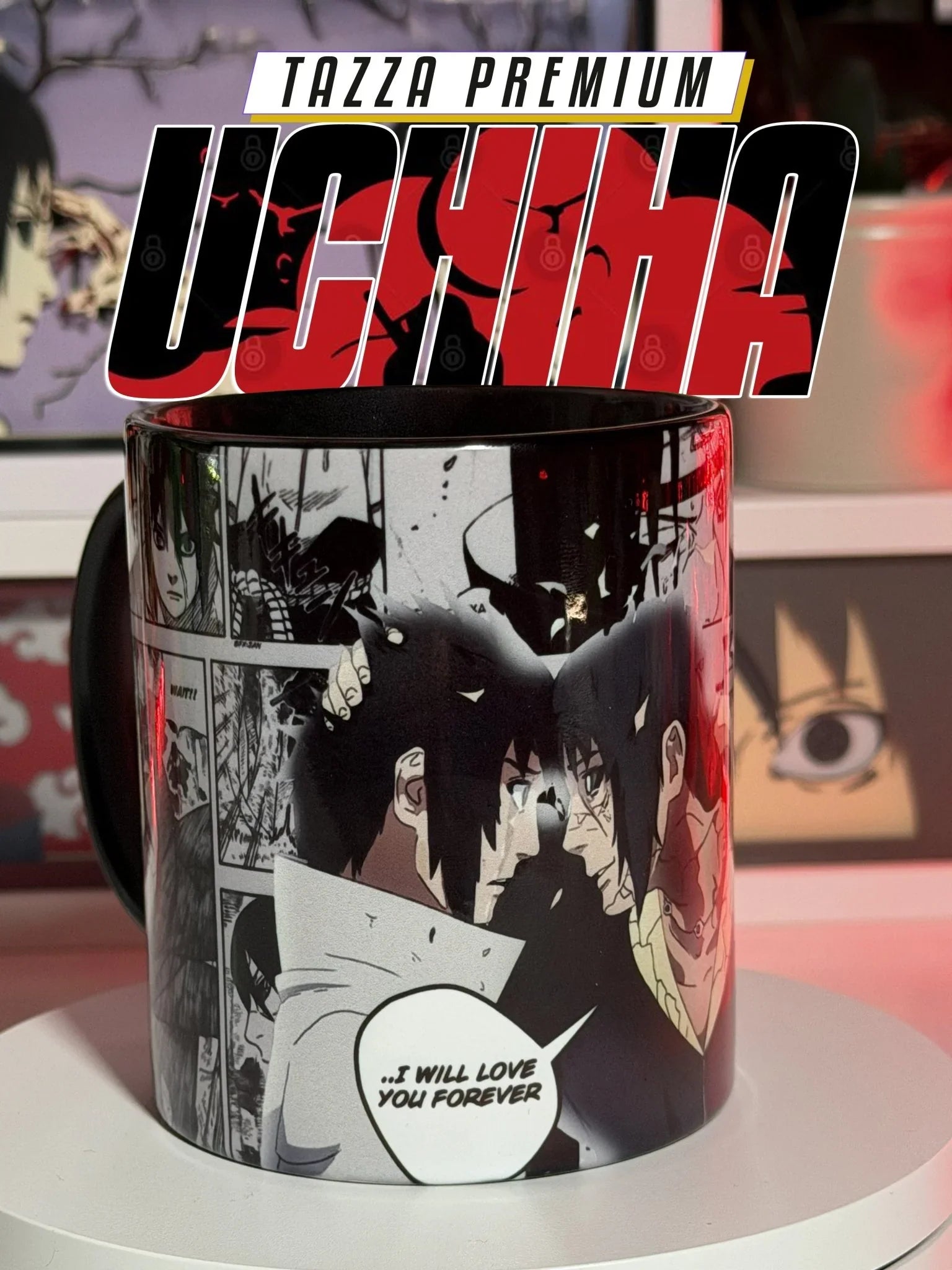 Tazza premium anime con illustrazione di Sasuke e Itachi Uchiha da Naruto, dettaglio manga.