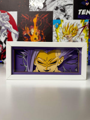 Lampada LED decorativa con Vegeta Super Saiyan, arte Dragon Ball, cornice bianca su sfondo anime