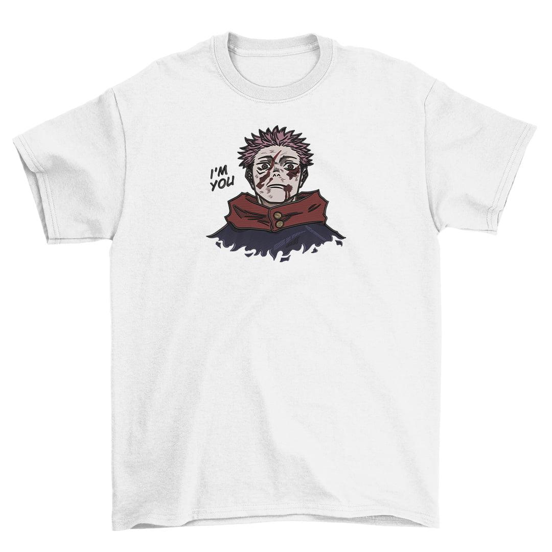 T-shirt bianca con stampa ricamata di personaggio anime Yuji, frase I'm You, Jujutsu Kaisen.