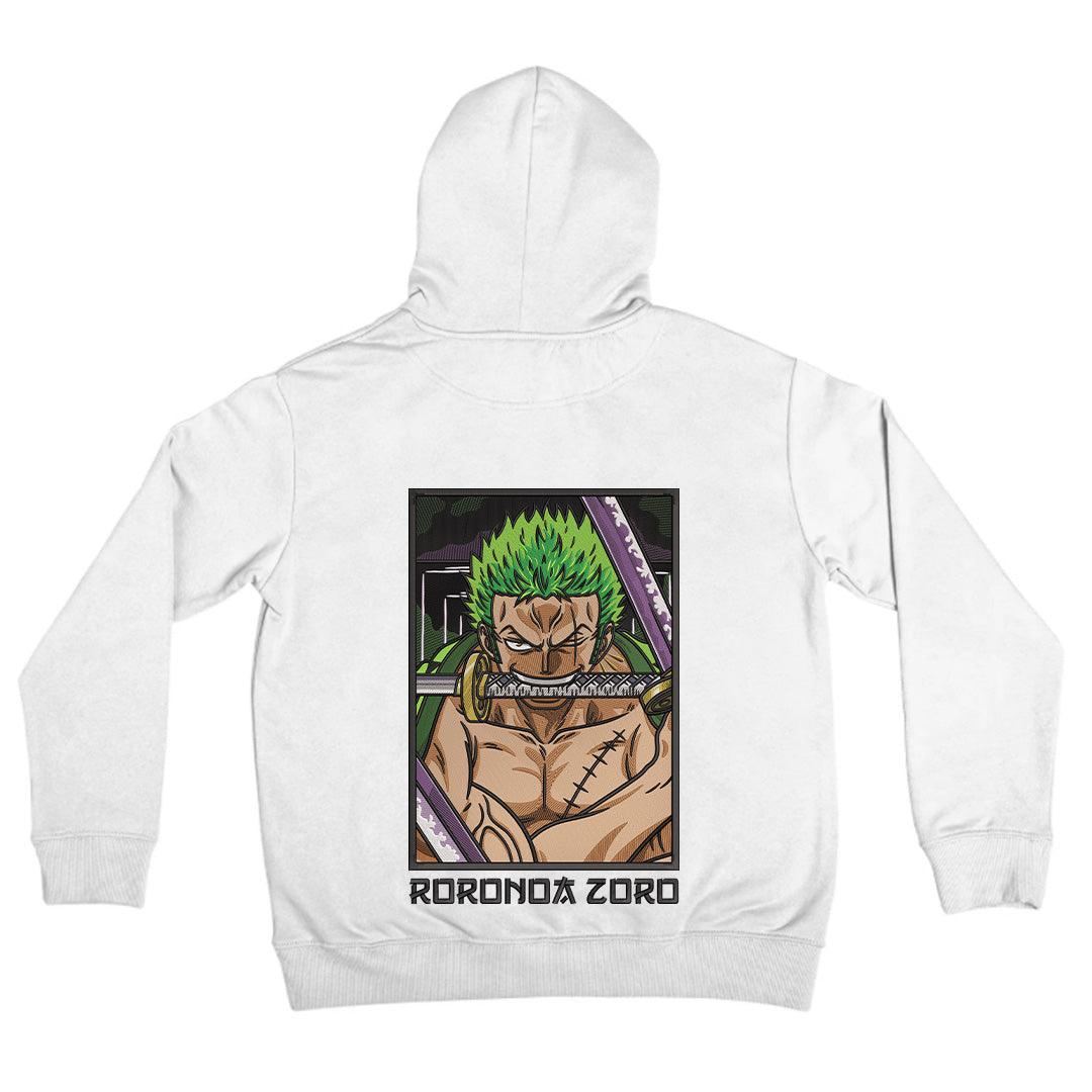 Felpa bianca con cappuccio, ricamo di Zoro da One Piece e scritta Roronoa Zoro sul retro.