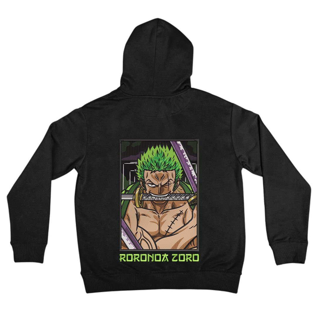 Felpa nera con cappuccio, ricamo di Zoro di One Piece con spade e capelli verdi sul retro.