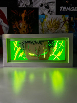 Lampada light box 3D di Zoro con effetto luminoso verde, decorazione anime One Piece