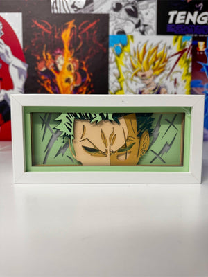 Light box 3D di Zoro One Piece per fan anime, decorazione originale in cornice bianca