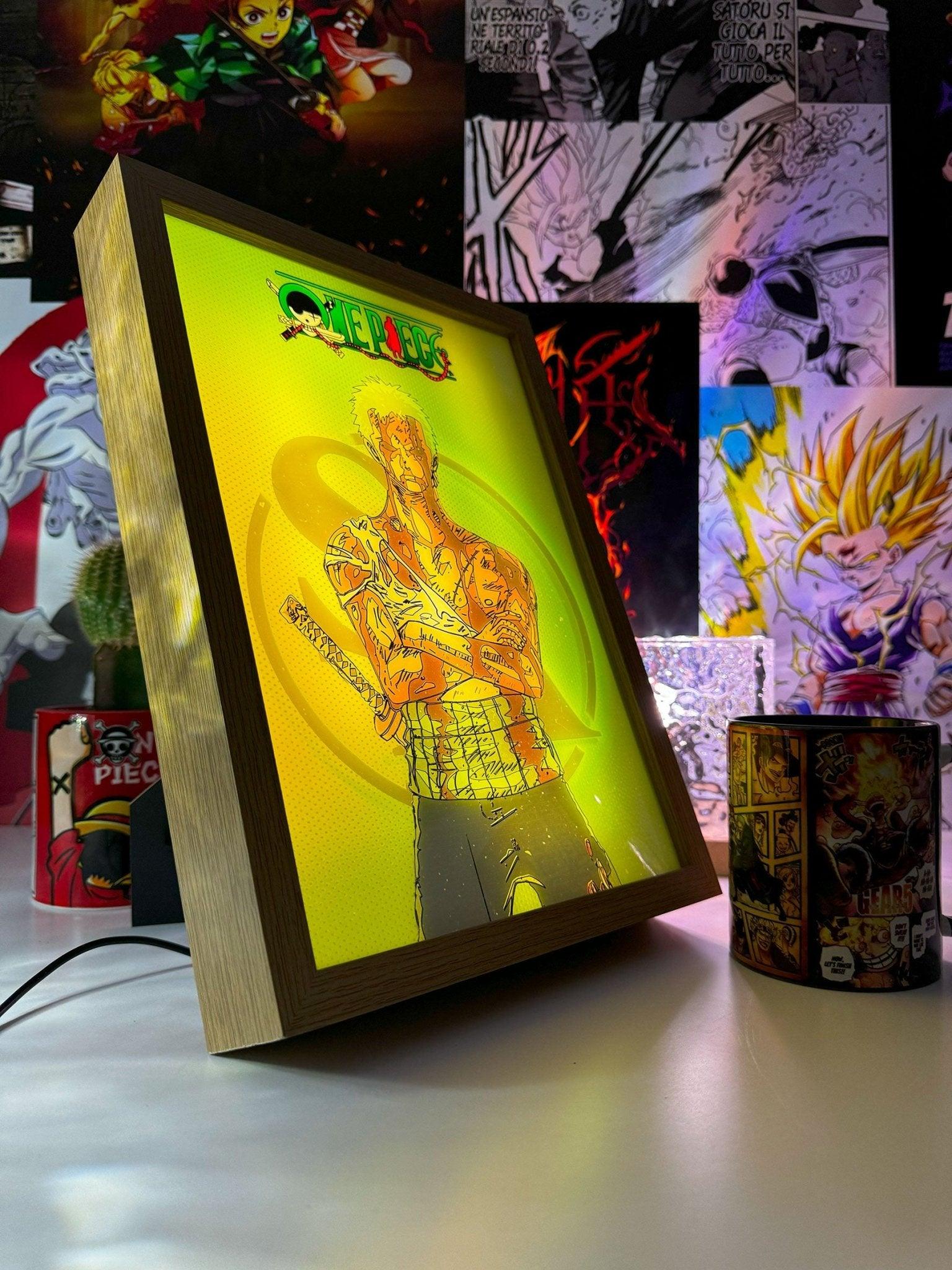 Lampada LED decorativa con arte di Zoro Roronoa di One Piece su sfondo manga